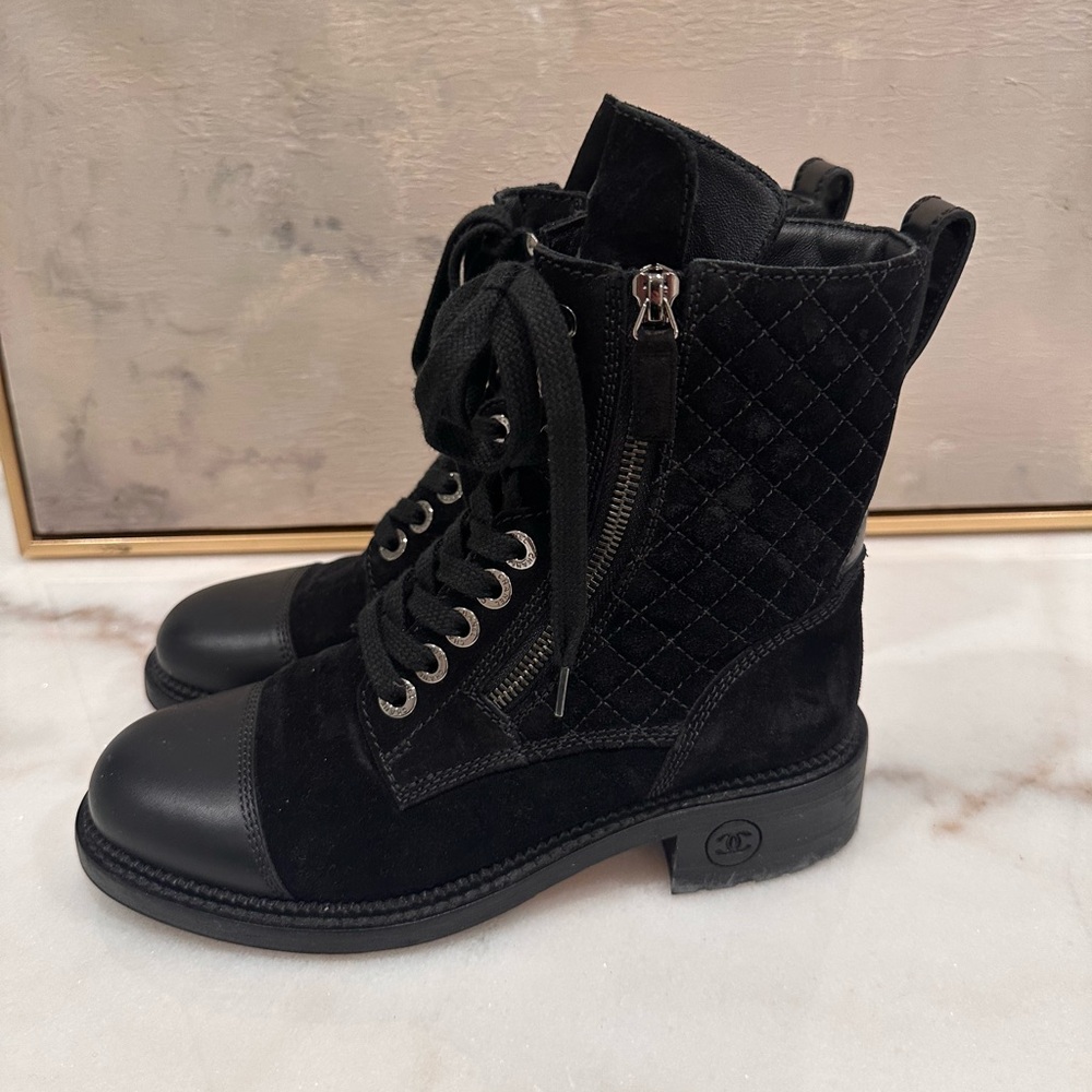 Chanel Black Quilted Lace-Up Boots